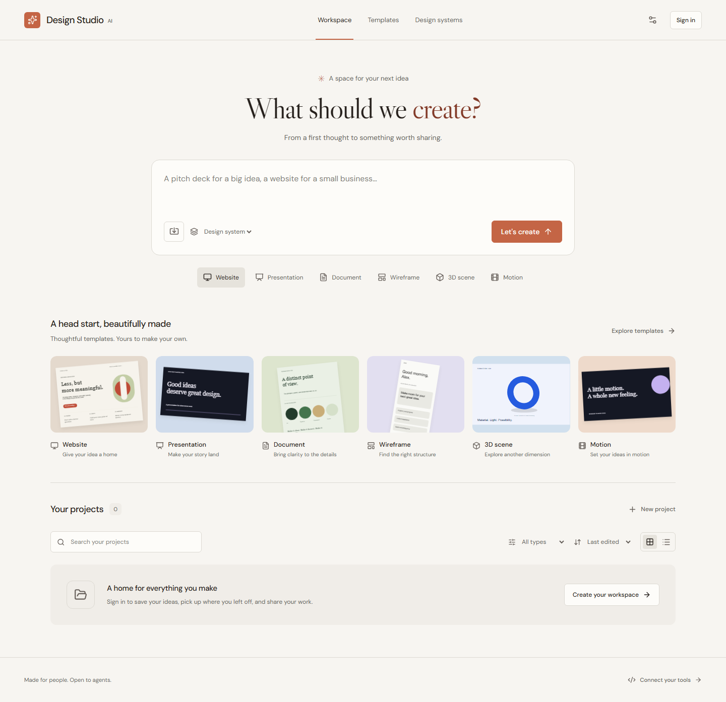The Design Studio project library and template choices on a desktop screen